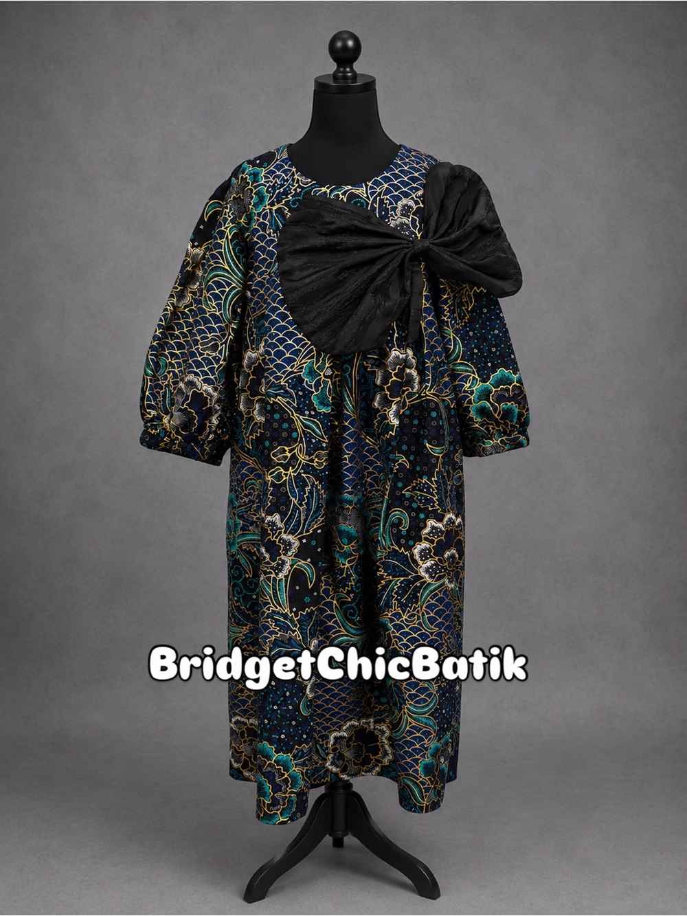 Black & Teal Floral Batik Dress with Statement Bow